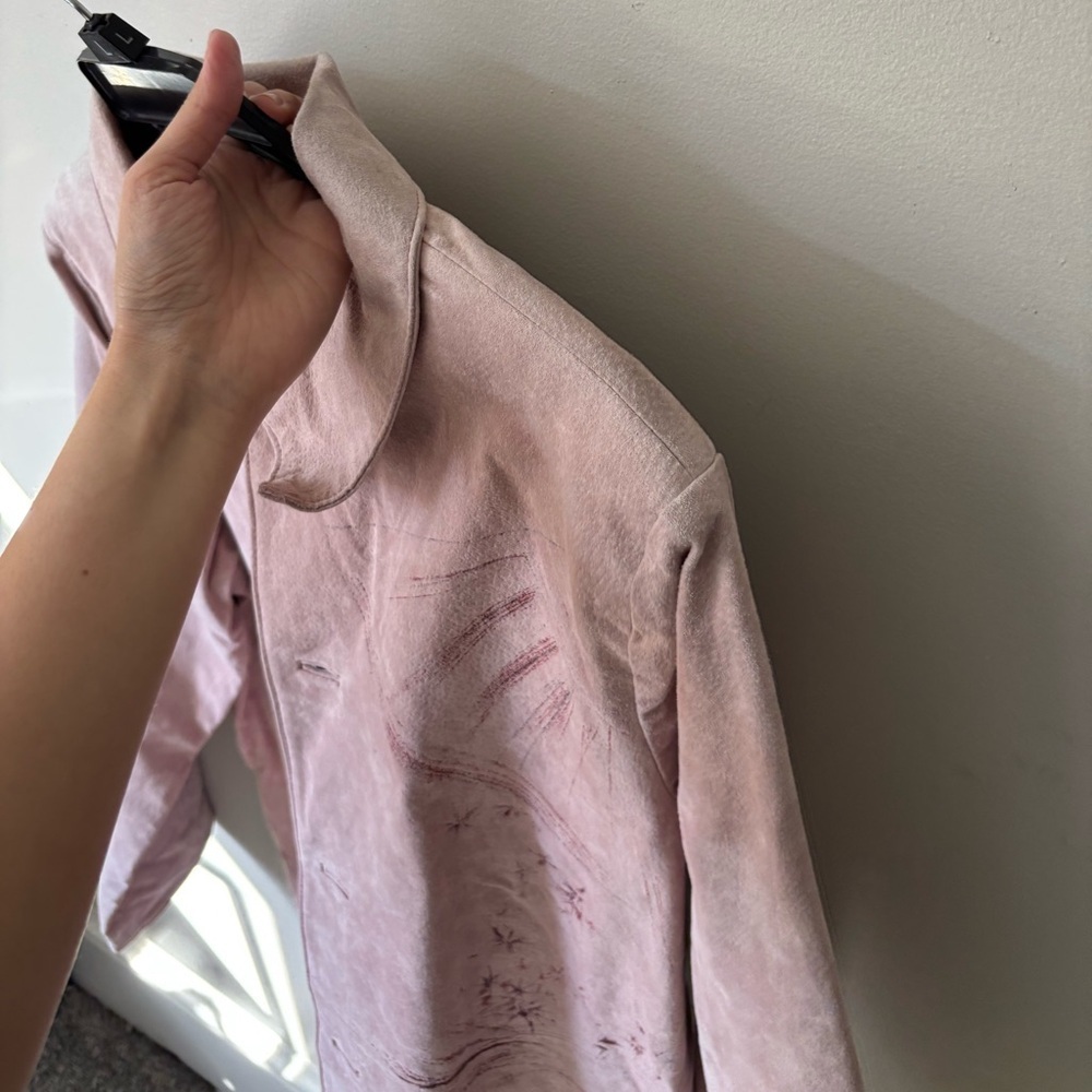 Vintage Ethereal Pastel Pink Painted Geisha Retro Indie Midi Suede Jacket Large - Picture 14 of 14
